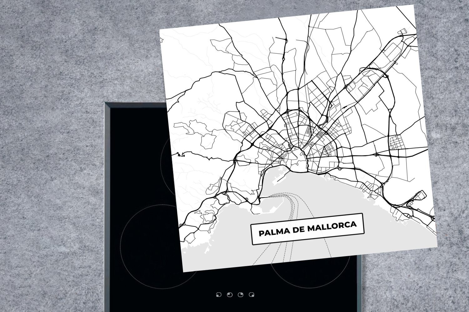 MuchoWow Herdblende-/Abdeckplatte Karte - Mallorca Ceranfeldabdeckung, (1 - cm, weiß Stadtplan - 78x78 tlg), Vinyl, für Schwarz küche und - Karte, Arbeitsplatte