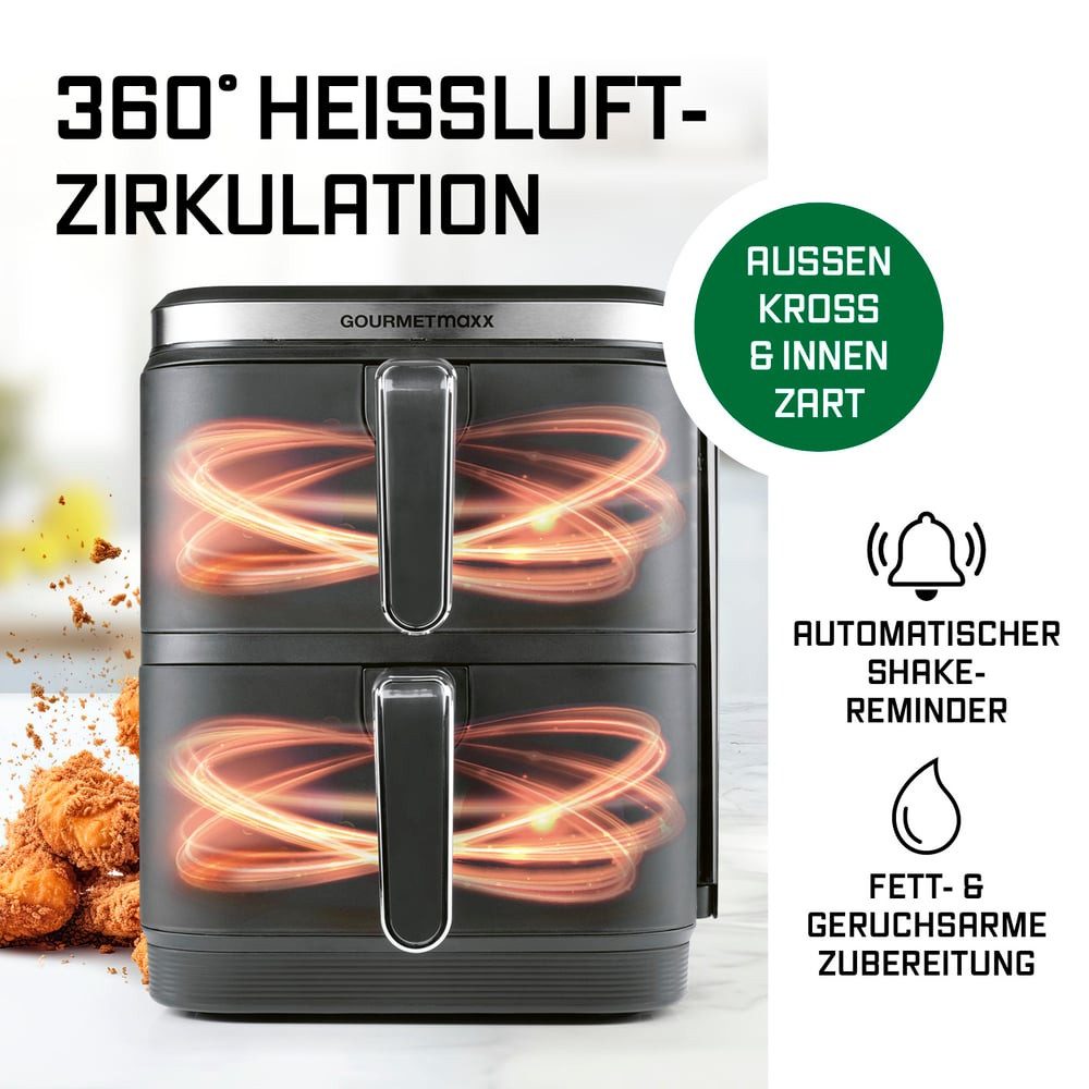 GOURMETmaxx Heißluftfritteuse FryUp Vertikaler Doppelkammer Airfryer 2x 5l, 2800 W, klappbares Touchdisplay, 32% platzsparender, Fassungsvermögen 10L – Bild 5 von 5