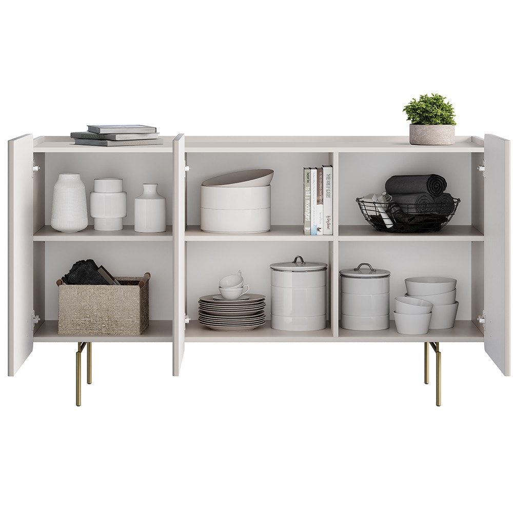 Lomadox Kommode MEAFORD-141, Kaschmir, Rillenfront, griffloses Design, 150 cm breit, 3-türig