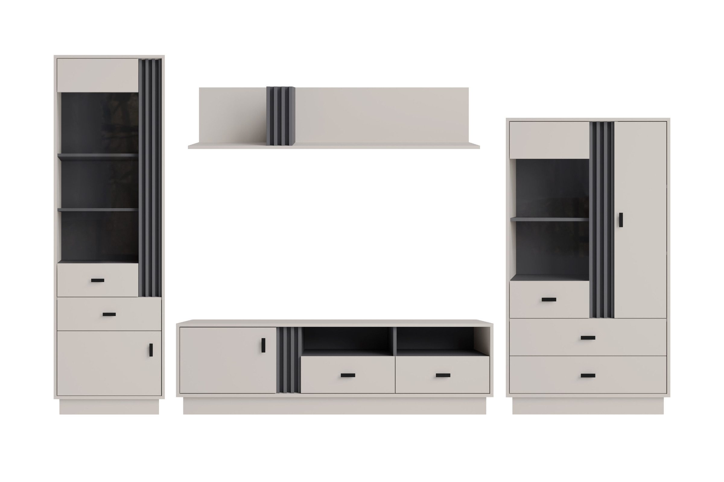 Deine Möbel 24 Wohnwand ALL III Wohnzimmer Anbauwand mit Lamellen, (Eiche Anthrazit Natur Set, 4-St., Eiche Anthrazit Natur), Wohnzimmer Set TV-Board Regal Vitrine Hängeregal