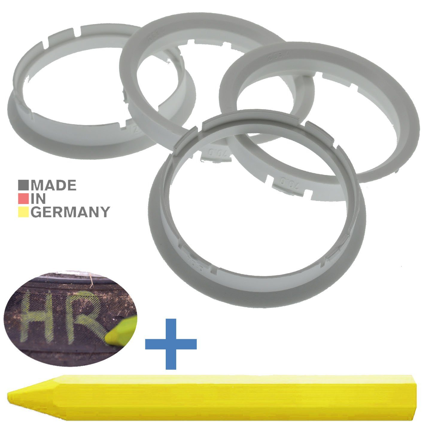 BRANDT AUTOMOTIVE Reifenstift 4X Zentrierringe Weiß Felgen Ringe + 1x Reifen Kreide Fett Stift, Maße: 70,0 x 63,4 mm