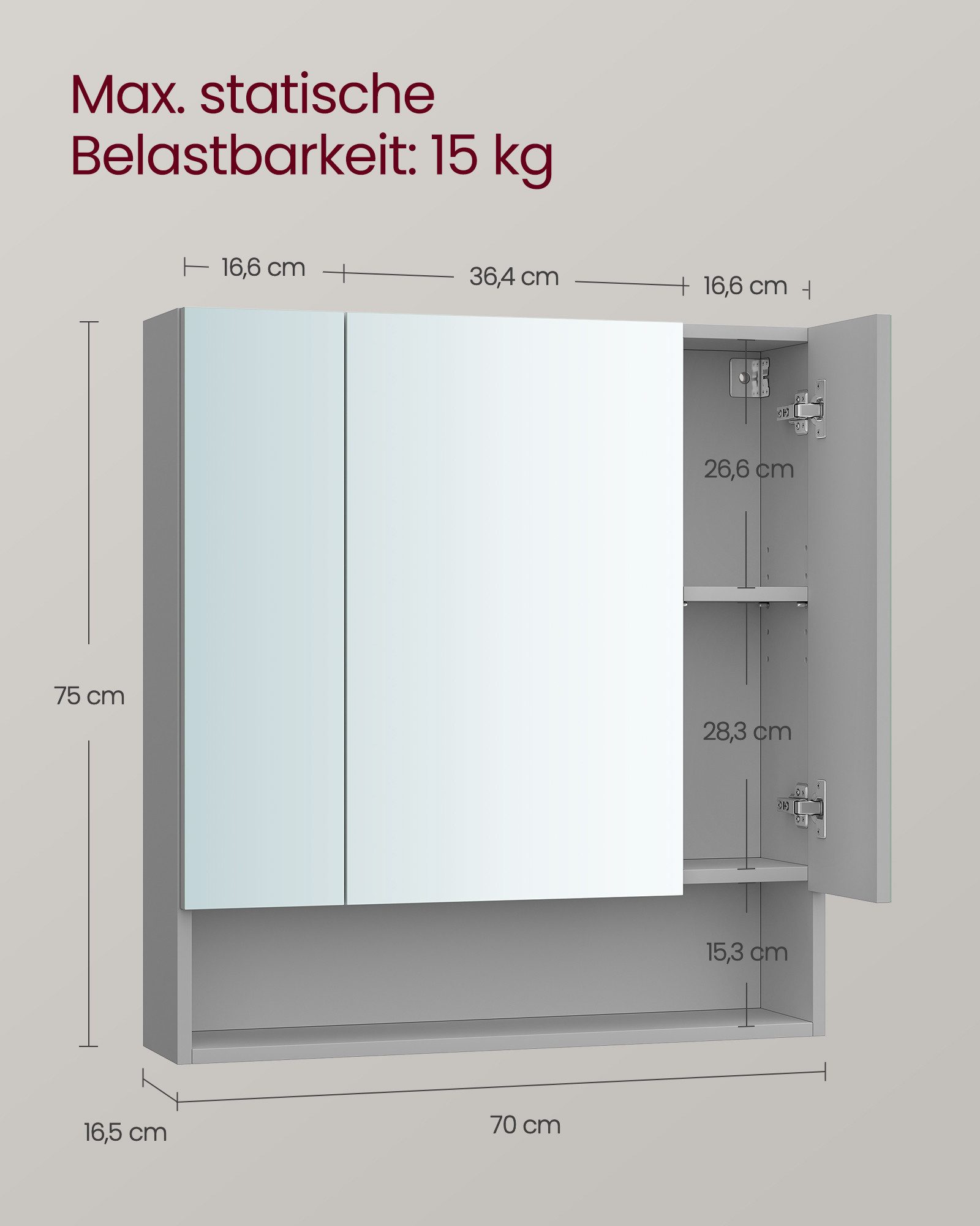 VASAGLE Spiegelschrank Badschrank Breite 70-90cm, mit 3 Türen, offenes Fach, verstellbare Ablagen