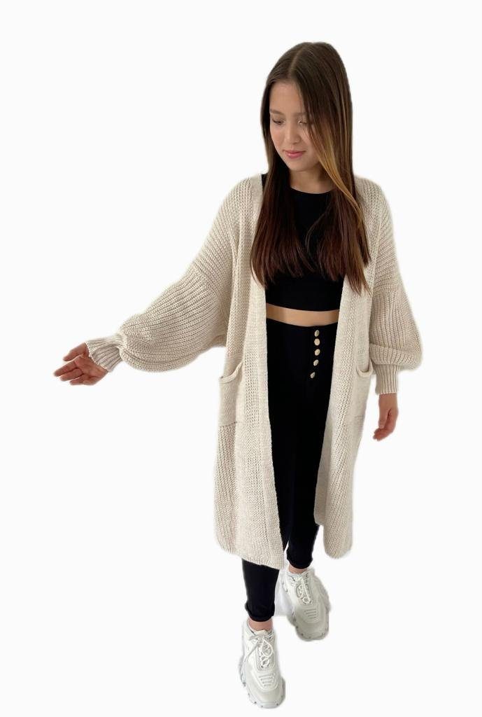 Strickjacke aufgesetzten Beige Taschen, mit Lang Maxi Cardigan Longstrickjacke Modisch MISS HELLO