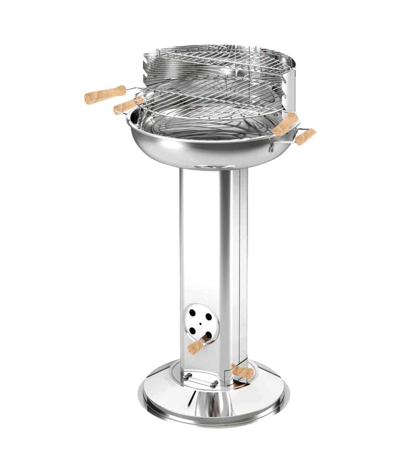 Holzkohlegrill Edelstahl-Säulengrill rund ø ca. 39cm Holzgriffe Warmhalterost