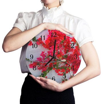 Primedeco Wanduhr Wanduhr aus Glas mit Motiv Rote Blumen an der Wand - Rund mit Durchmesser 30 cm und Quarzuhrwerk