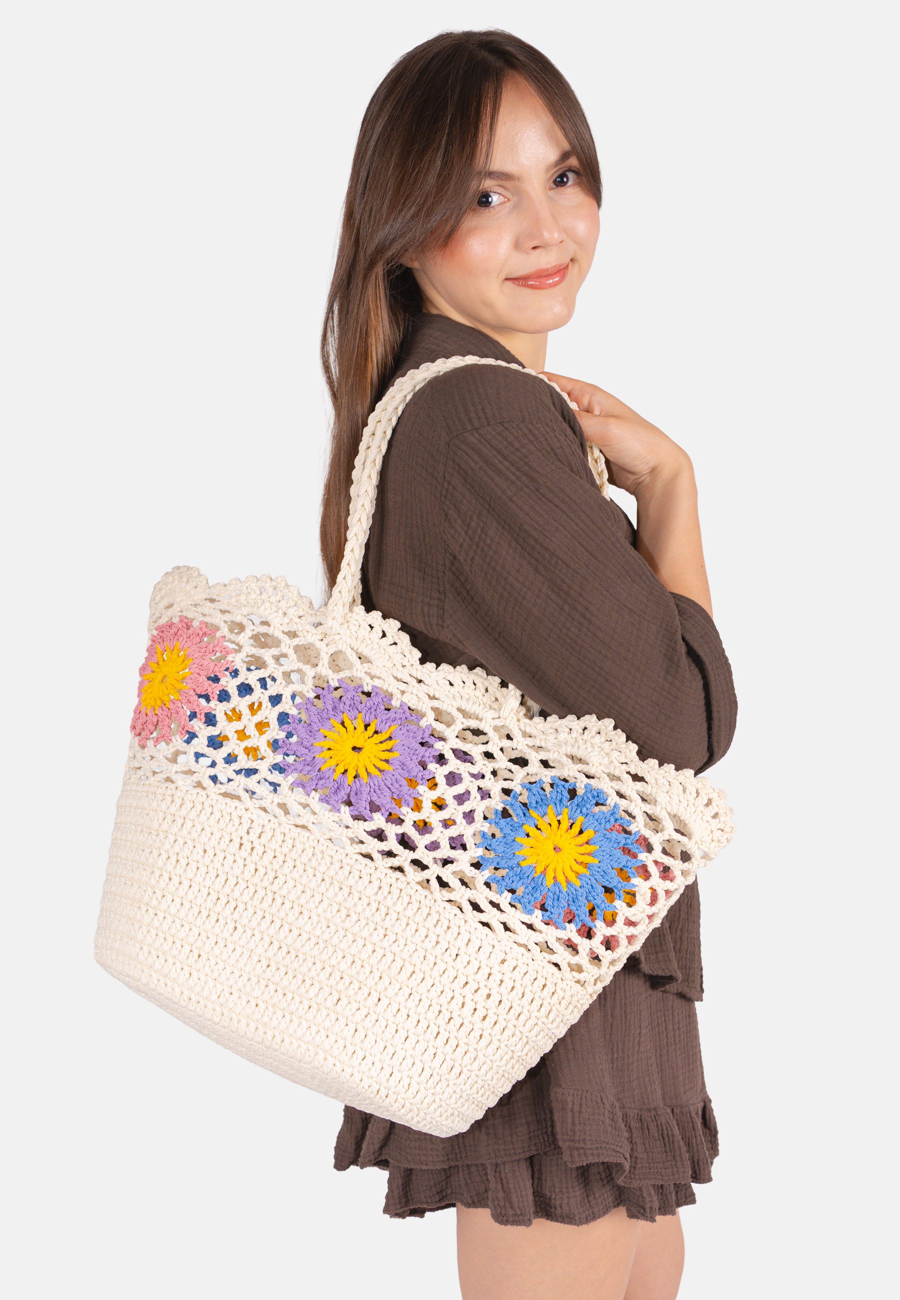 Seasons of April Korbtasche SUNNY, Häkeltasche Strandtasche Damen Sommer Blumen, Boho Shopper Sunny