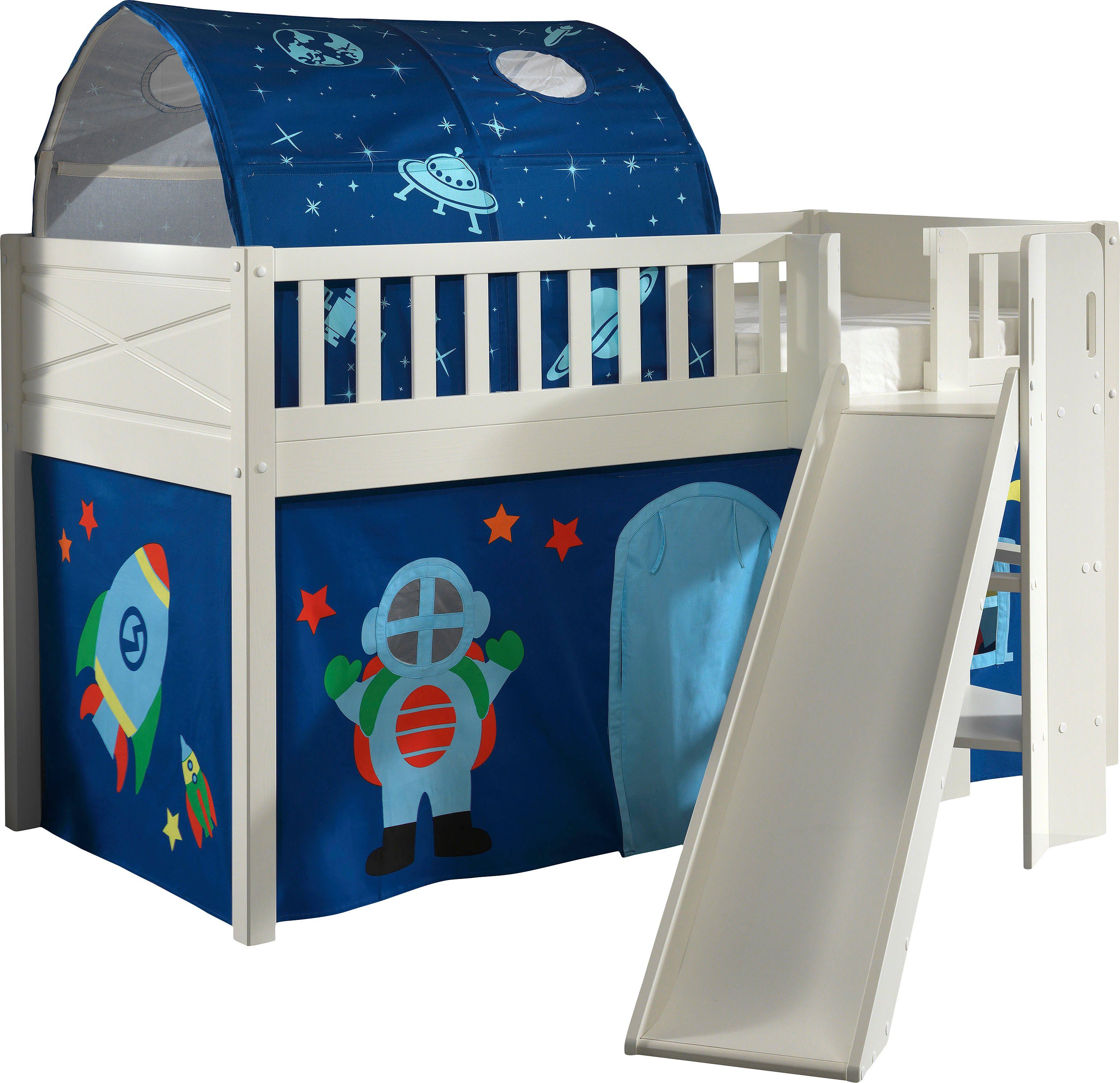 Vipack Hochbett Scott (Made in Europe) m. Rutsch-/Leiterturm, LF 90x200 cm, Vorhang, Tunnel, 4 Designs