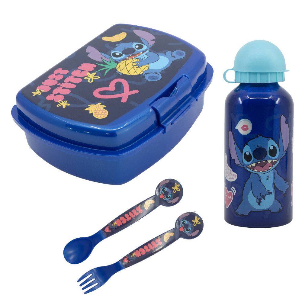 Stor Lunchbox Disney Stitch 4 tlg. Lunch Set Brotdose Alu-Flasche 400 ml Besteck, Kunststoff Aluminiu, (4-tlg)