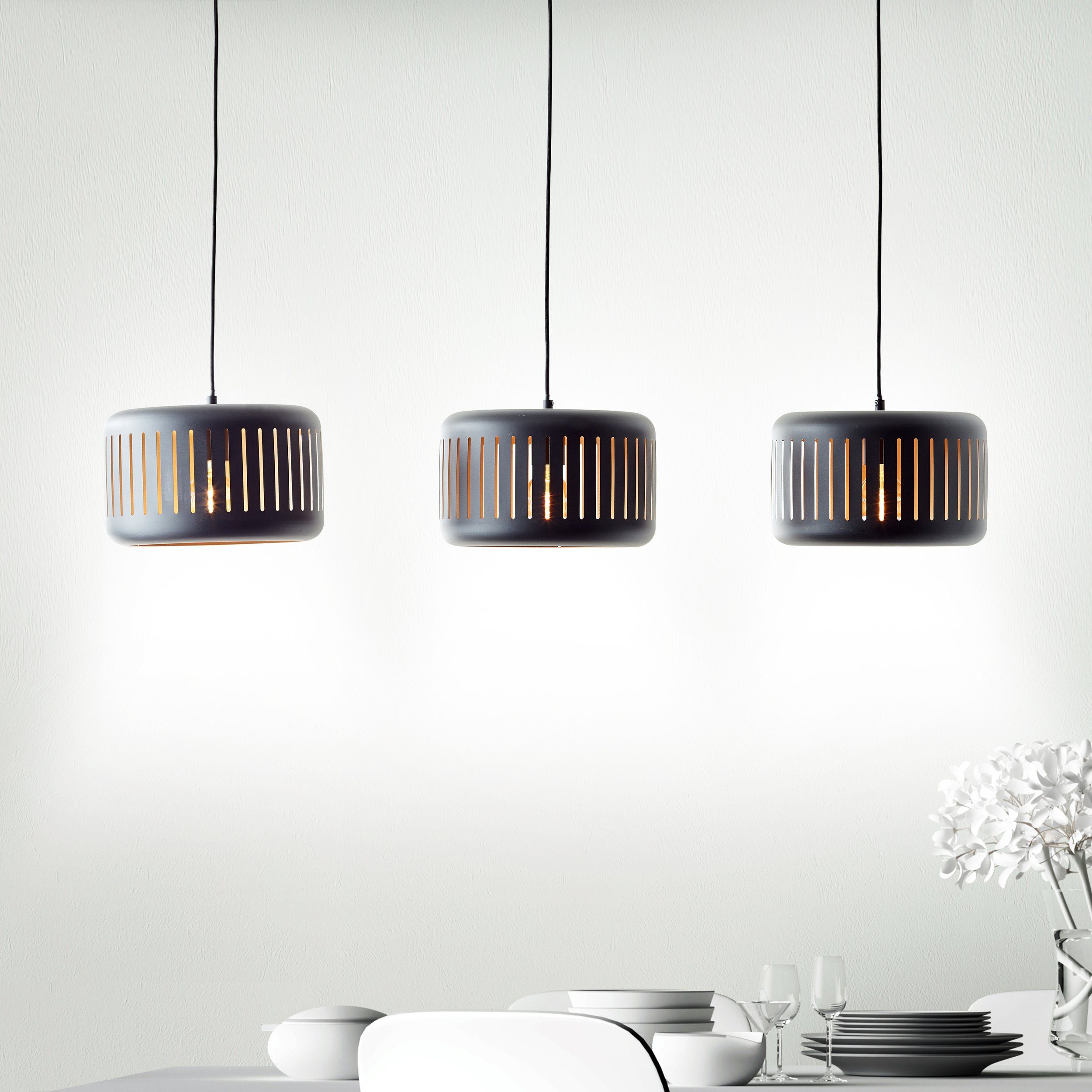 Brilliant Pendelleuchte Tyas, ohne Leuchtmittel, 120 x 110 x 27 cm, 3 x E27, kürzbar, Metall, schwarz/goldfarben