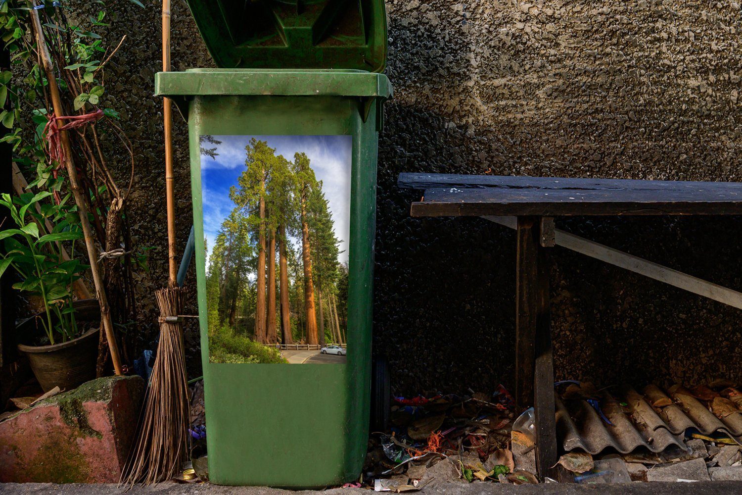 St), Wandsticker MuchoWow Grant Container, (1 Grove in Große Mülleimer-aufkleber, Sticker, Mammutbäume Mülltonne, Abfalbehälter