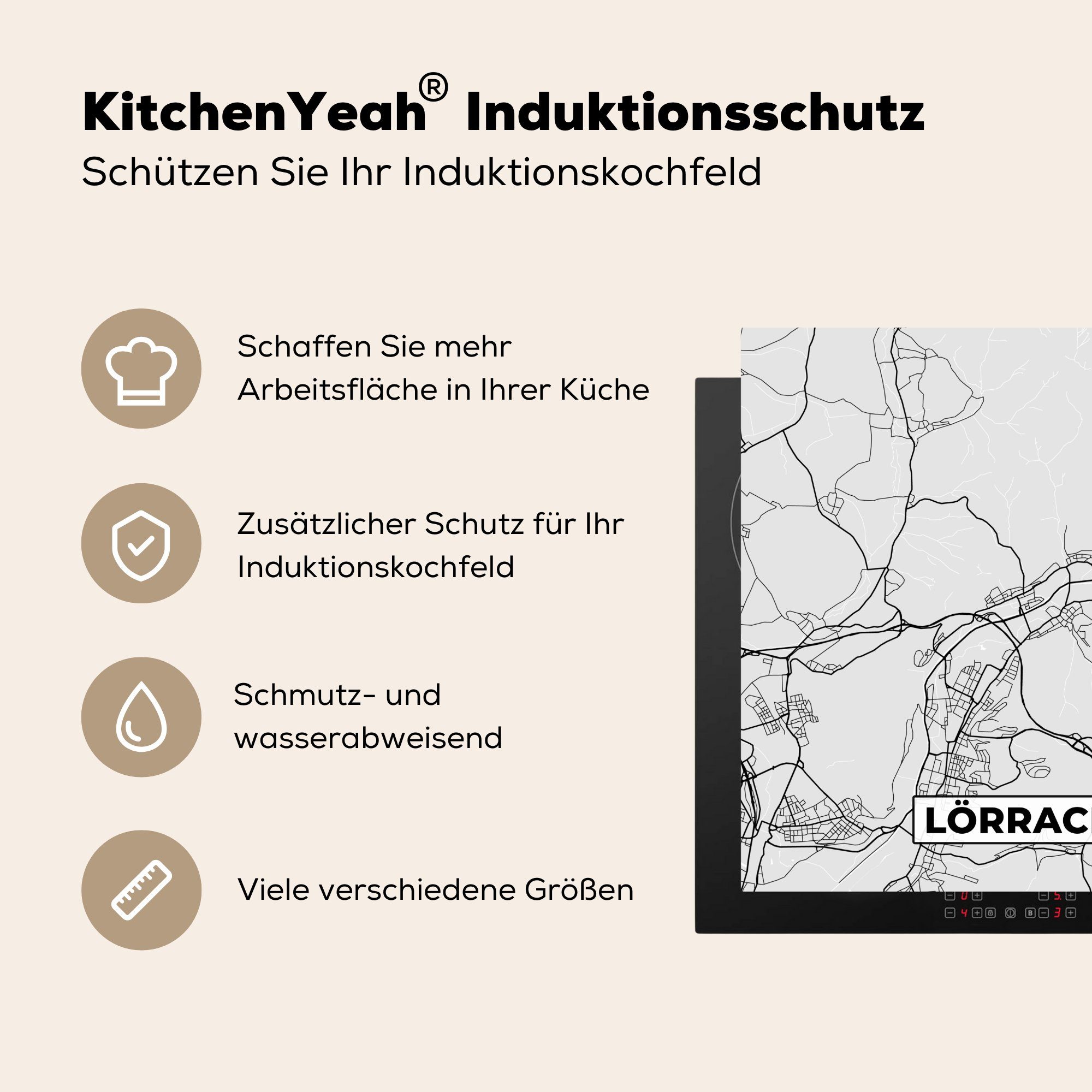 - Deutschland - Karte für Vinyl, cm, - (1 Ceranfeldabdeckung, MuchoWow Herdblende-/Abdeckplatte Arbeitsplatte Lörrach küche Karte - tlg), Stadtplan, 78x78