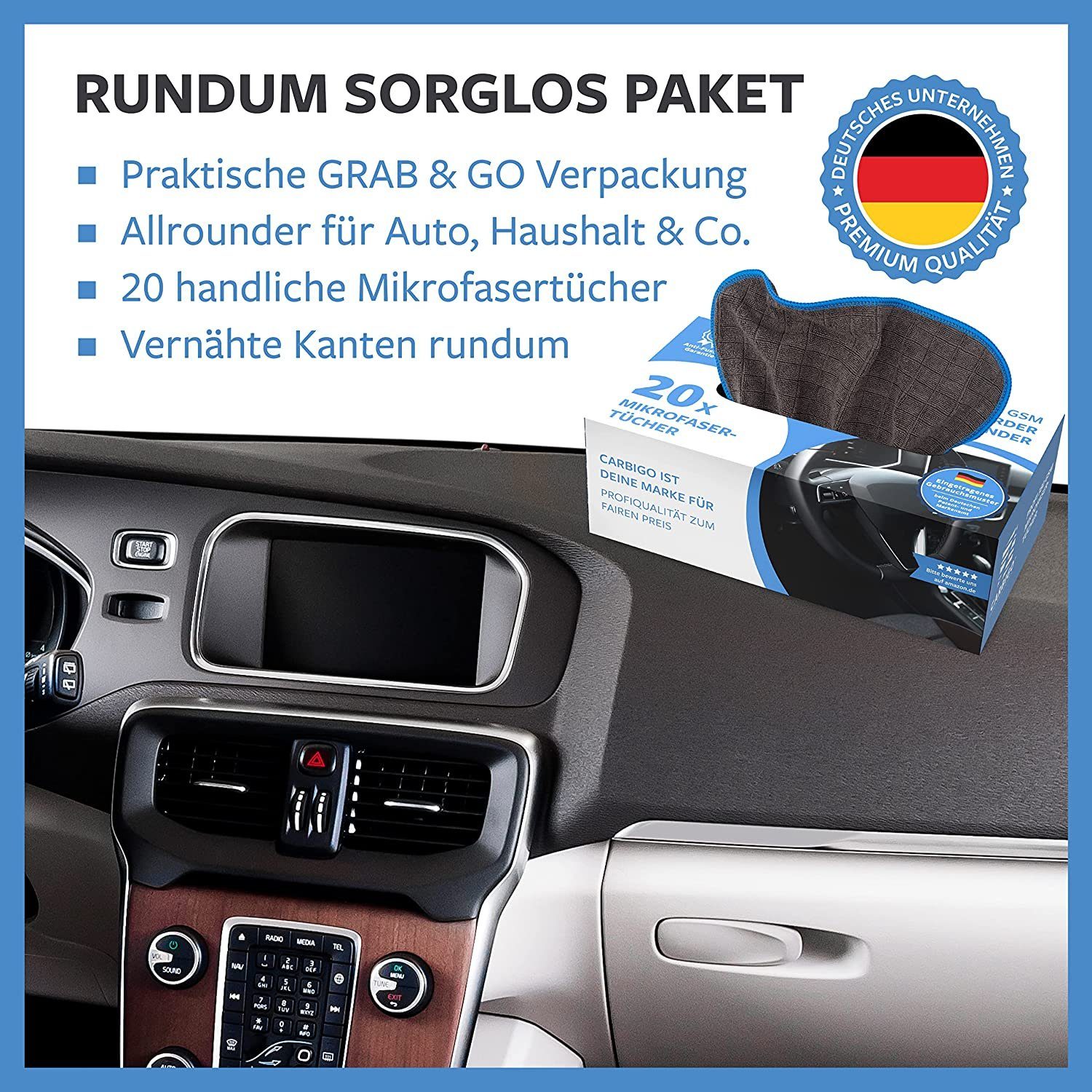 (80% Allzwecktücher Multipack-Box, 20-tlg., Haushalt Microfasertücher, und / für Auto, 380 25x25 cm, 20% GSM Mikrofasertuch CARBIGO Mikrofasertücher Autopolitur, Polyamide, Trockentuch) Polyester Set,