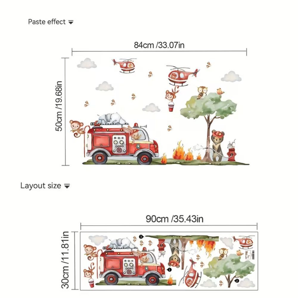 Montegoni Wandsticker Cartoon Feuerwehr Wandsticker, selbstklebend, Kinderzimmerdeko, Selbstklebend und wiederverwendbar, leicht anzubringen