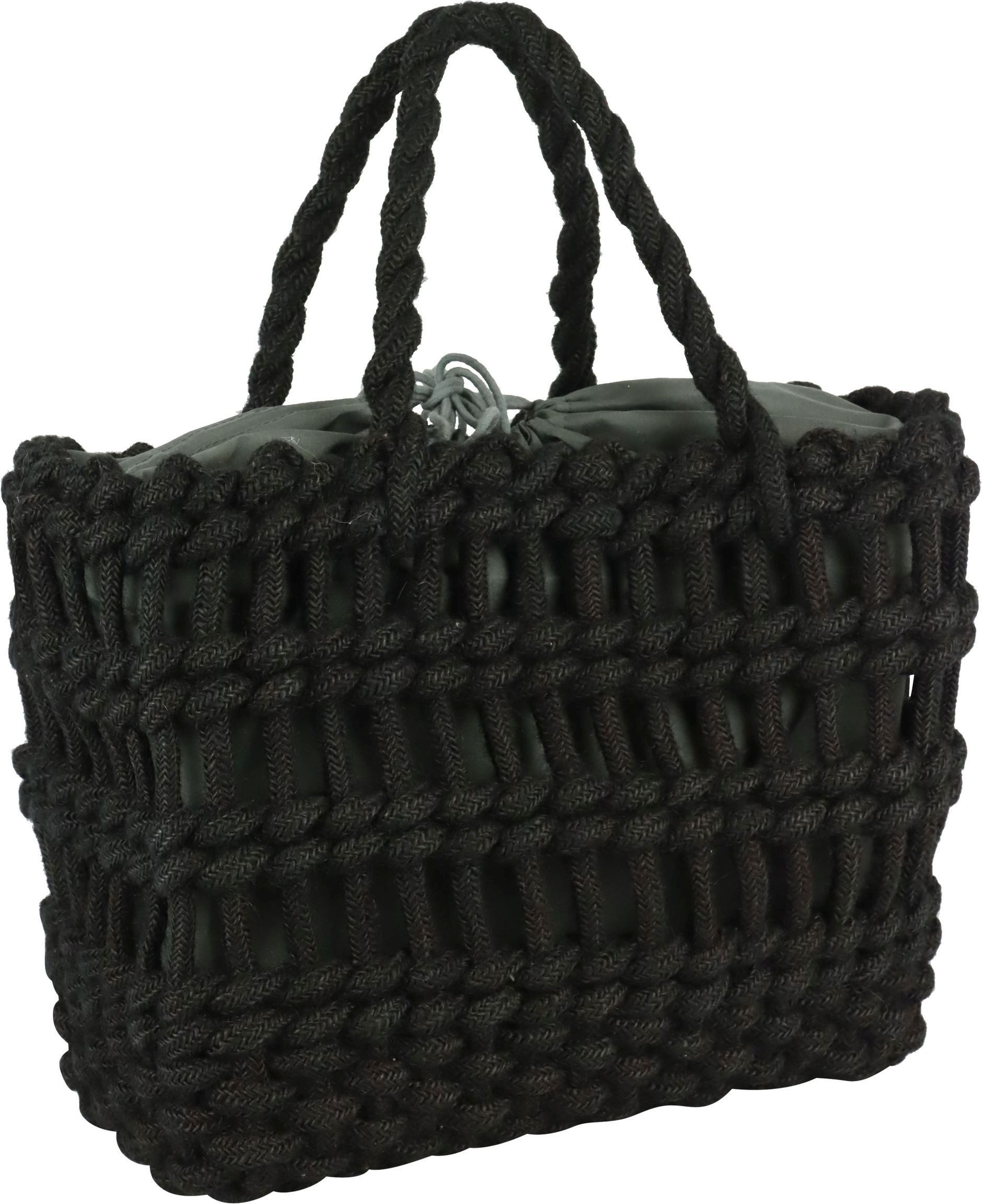 FURNARO Korbtasche, Einkaufstasche schwarz aus Baumwolle mit Zugband 36x16x30cm