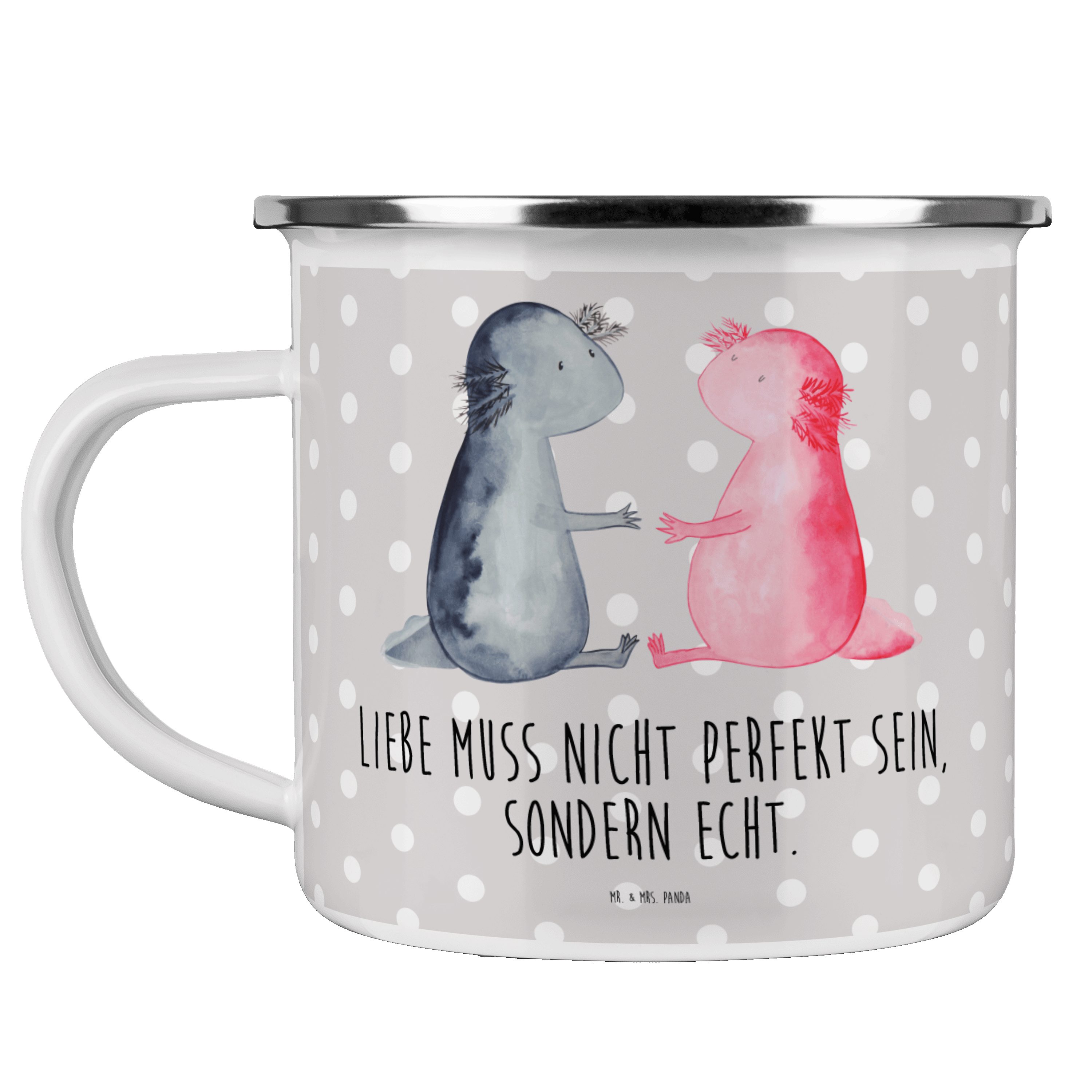 Mr. & Mrs. Panda Becher Axolotl Liebe - Grau Pastell - Geschenk, Liebesbeweis, Outdoor Tasse, Emaille
