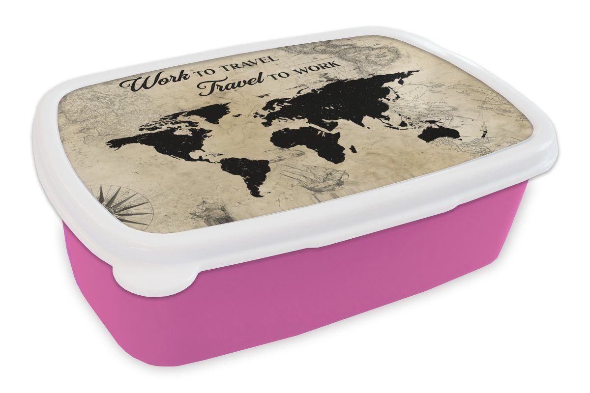 MuchoWow Lunchbox Karte - Reisen - Zitat - Retro, Kunststoff, (2-tlg), Brotbox für Erwachsene, Brotdose Kinder, Snackbox, Mädchen, Kunststoff rosa