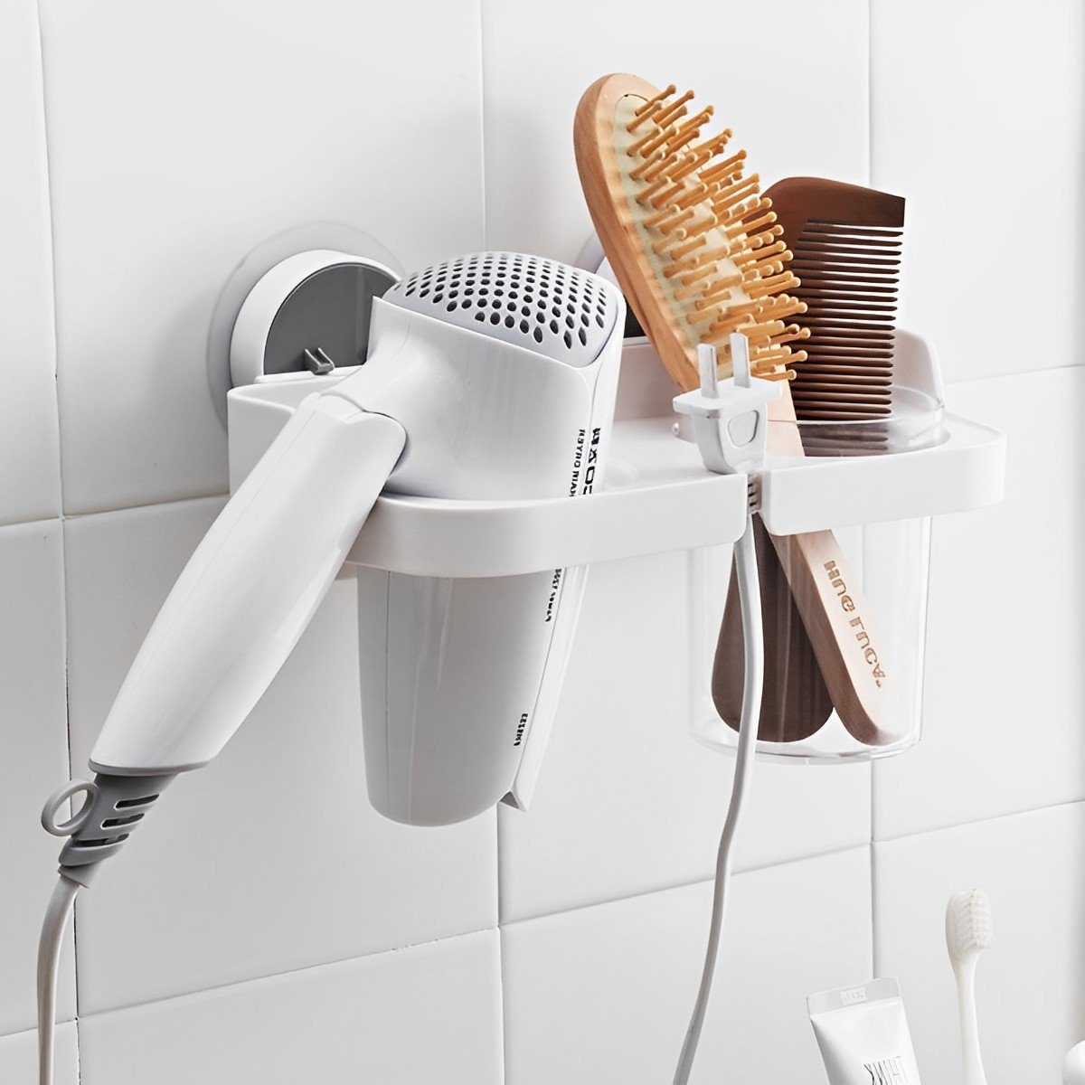 Creliv Haartrocknerhalter Fönhalter ohne Bohren–Haartrocknerhalter+Becher, WC-Deckelheber GRATIS
