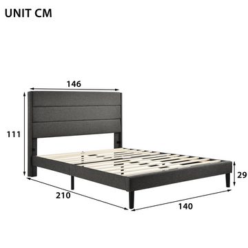 Ulife Polsterbett Graues Doppelbett mit Lattenrost & Kopfteil 140 x 200 cm (Packung, 1 Bett), Modernes Design, Hochwertige Hardware, Langlebige Bettfüße