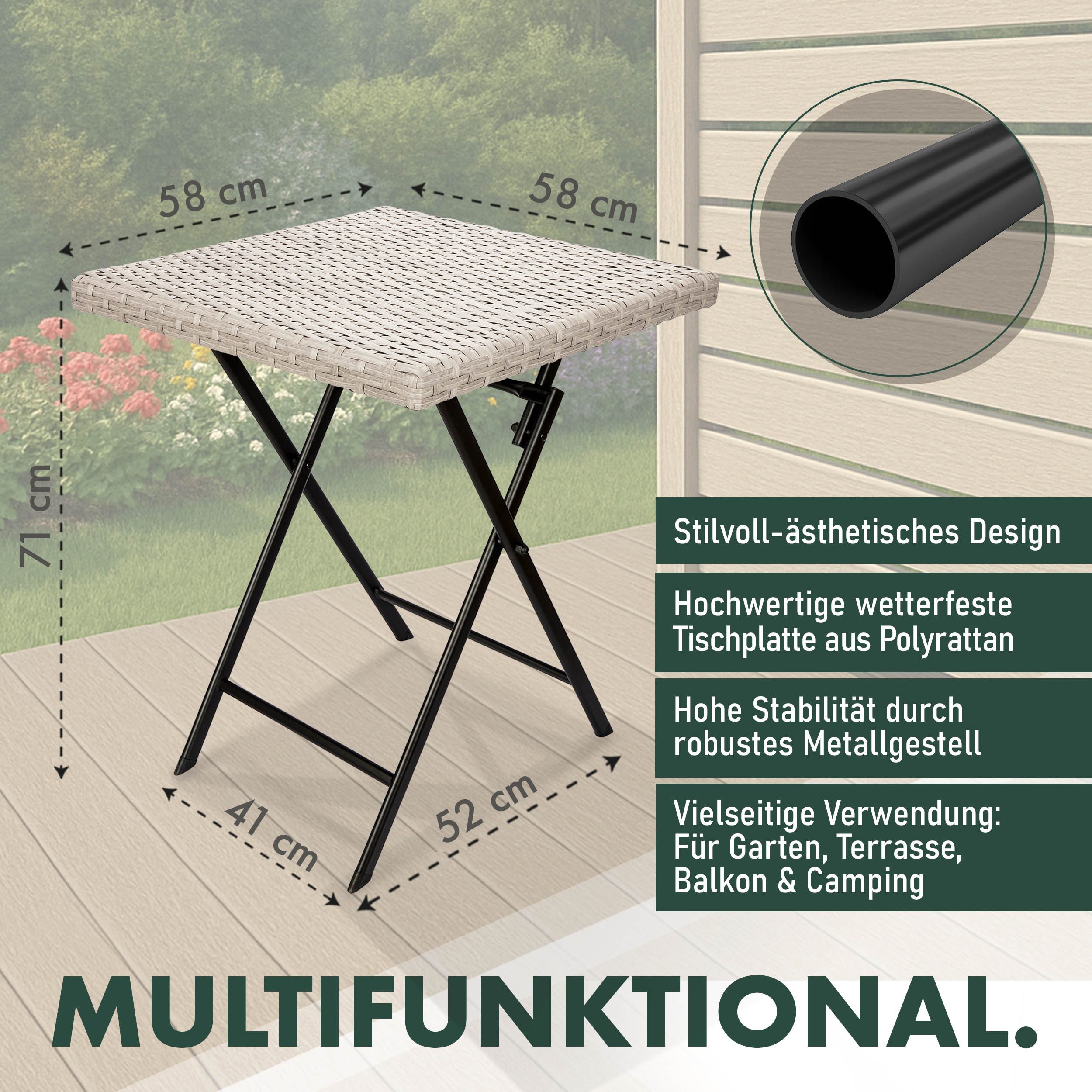 BRUBAKER Gartentisch Lugano - 58 x 58 cm Balkontisch wetterfest aus Polyrattan & Metall (1-St., Beistelltisch klappbar - Campingtisch eckig), Klapptisch für Bal – Bild 5 von 5