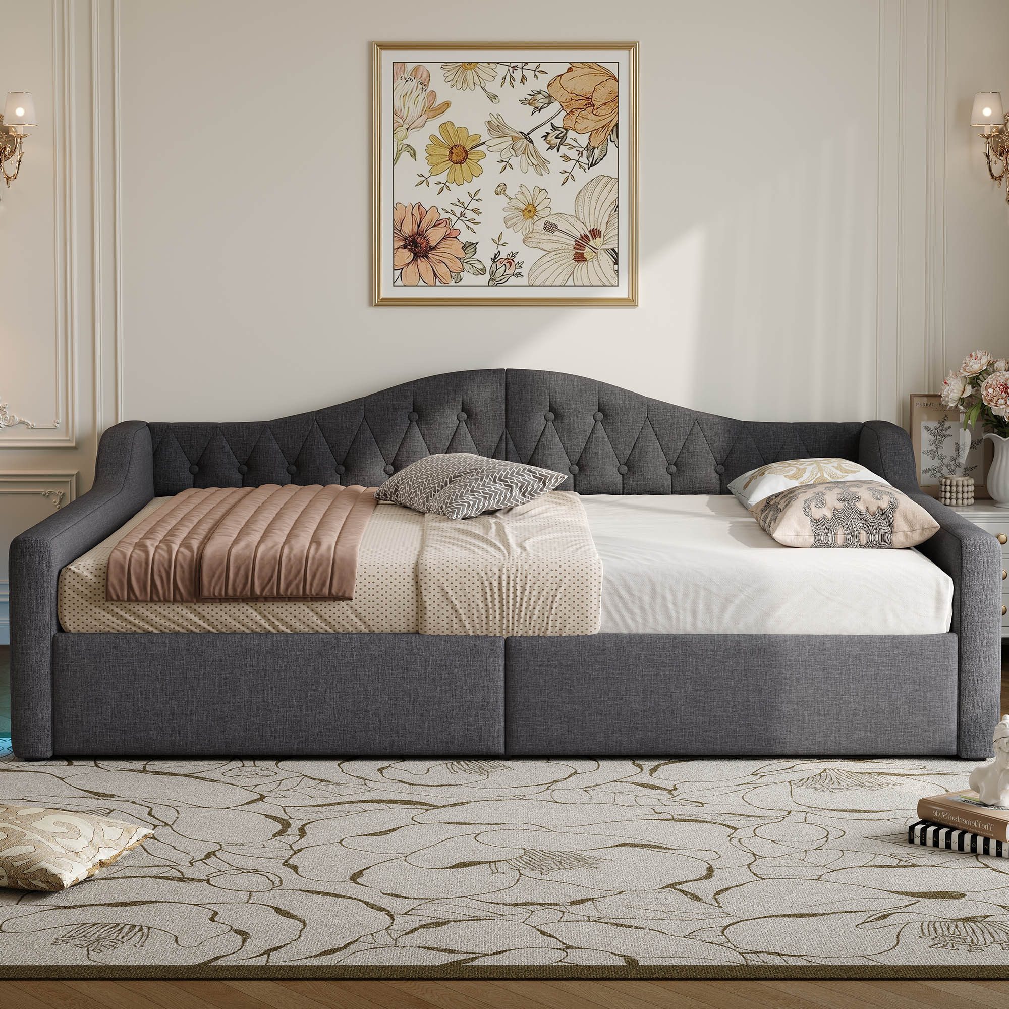 Merax Daybett mit hydraulischem Stauraum (Schlafsofa Sofabett Jugendbett Kinderbett Polsterbett, 1 tlg), Tagesbett 140x200cm mit LED-Beleuchtung Lattenrost Rückenlehne, Leinen