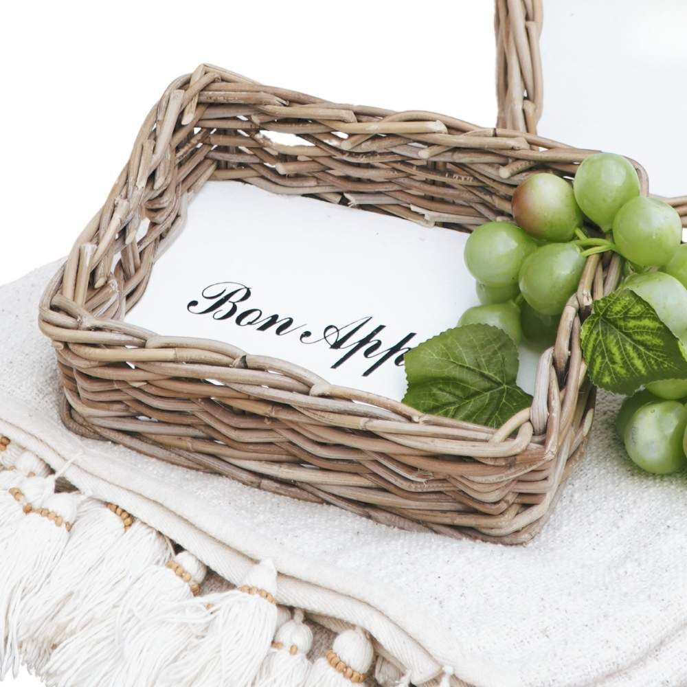 Dekotablett Landhaus-Tablett BON APPETIT 21x27cm Kubu Grey Rattan Handarbeit