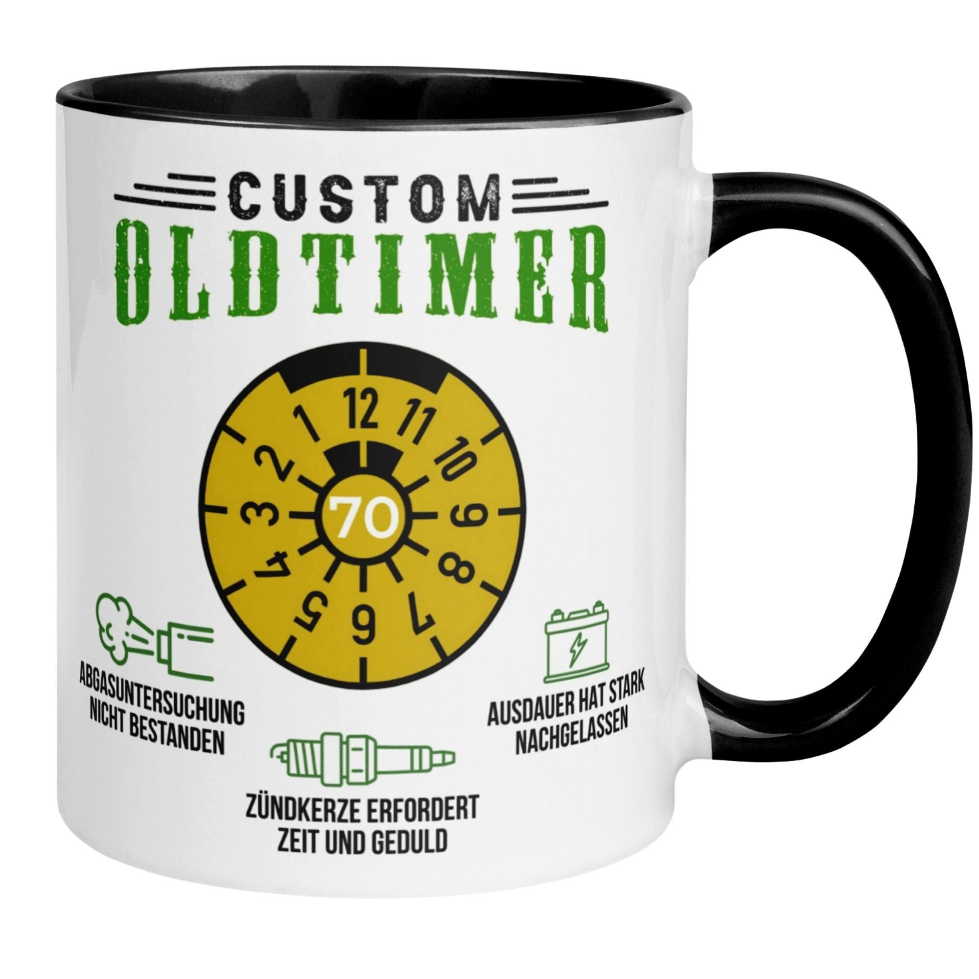 Momentals Tasse 70 Geburtstag Mann – „Custom Oldtimer“ – Geburtstagsgeschenk Männer, Gratis Versand · Links-&Rechtshänder · Spülmaschinenfest