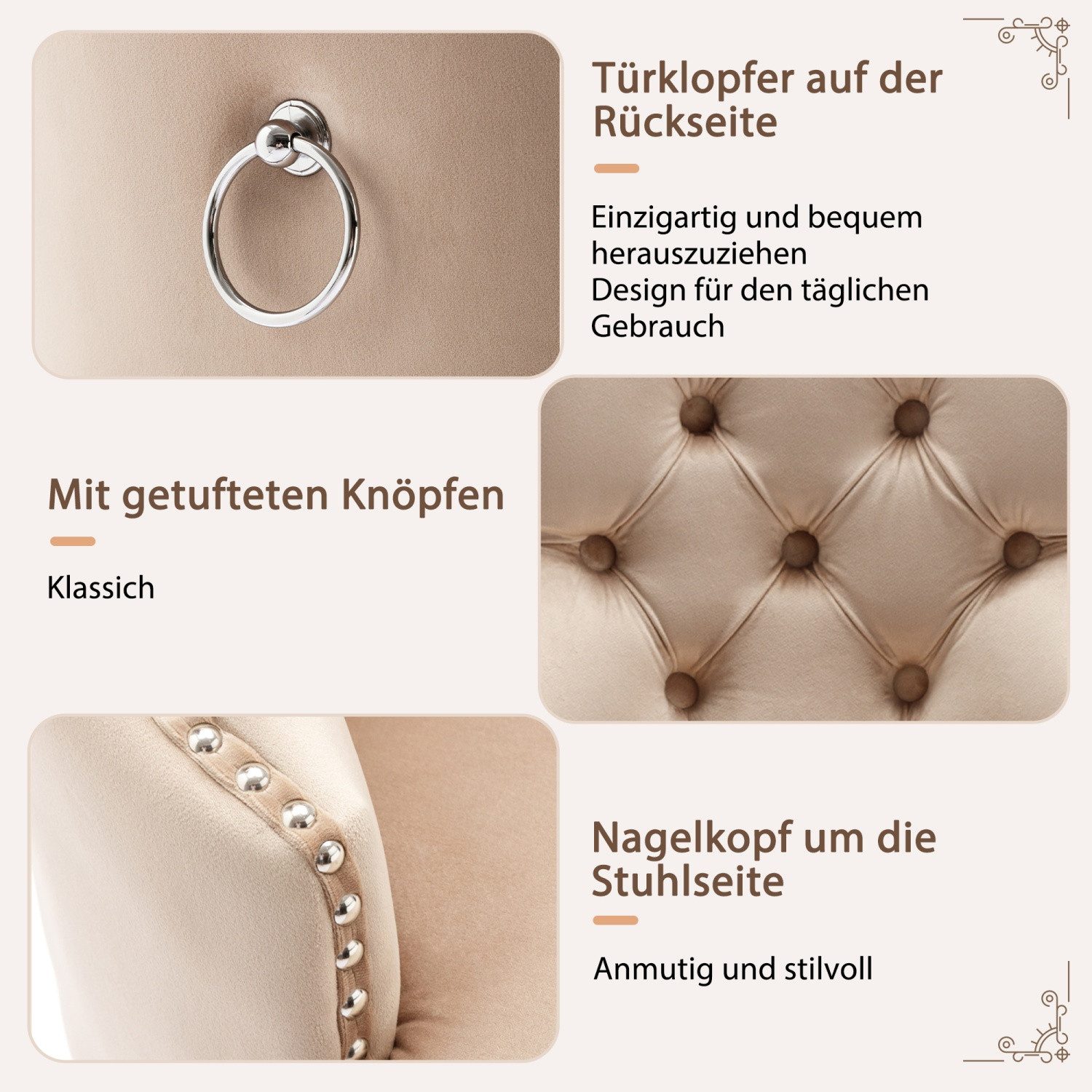 ANYSUN Esszimmerstuhl 2 St Küchenstuhl mit einzigartigem Türklopfer auf der Rückseite (Esszimmerstuhl, Polsterstuhl mit Nagelkopfbesatz, 2 St), Der Freizeitstuhl eignet sich für Schlafzimmer, Hotels, Empfangsräume