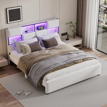 DOPWii Bett 160*200cm Flachbett mit Verstellbares Umgebungslicht,USB-Anschluss, Mehrere Ablagefächer an Der Seite des Bettes,Beige