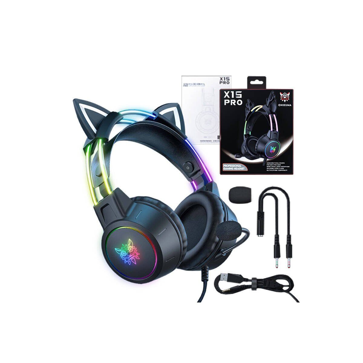 ONIKUMA ONIKUMA X15Pro Schwarz Gaming Headset Katzenohren On-Ear-Kopfhörer