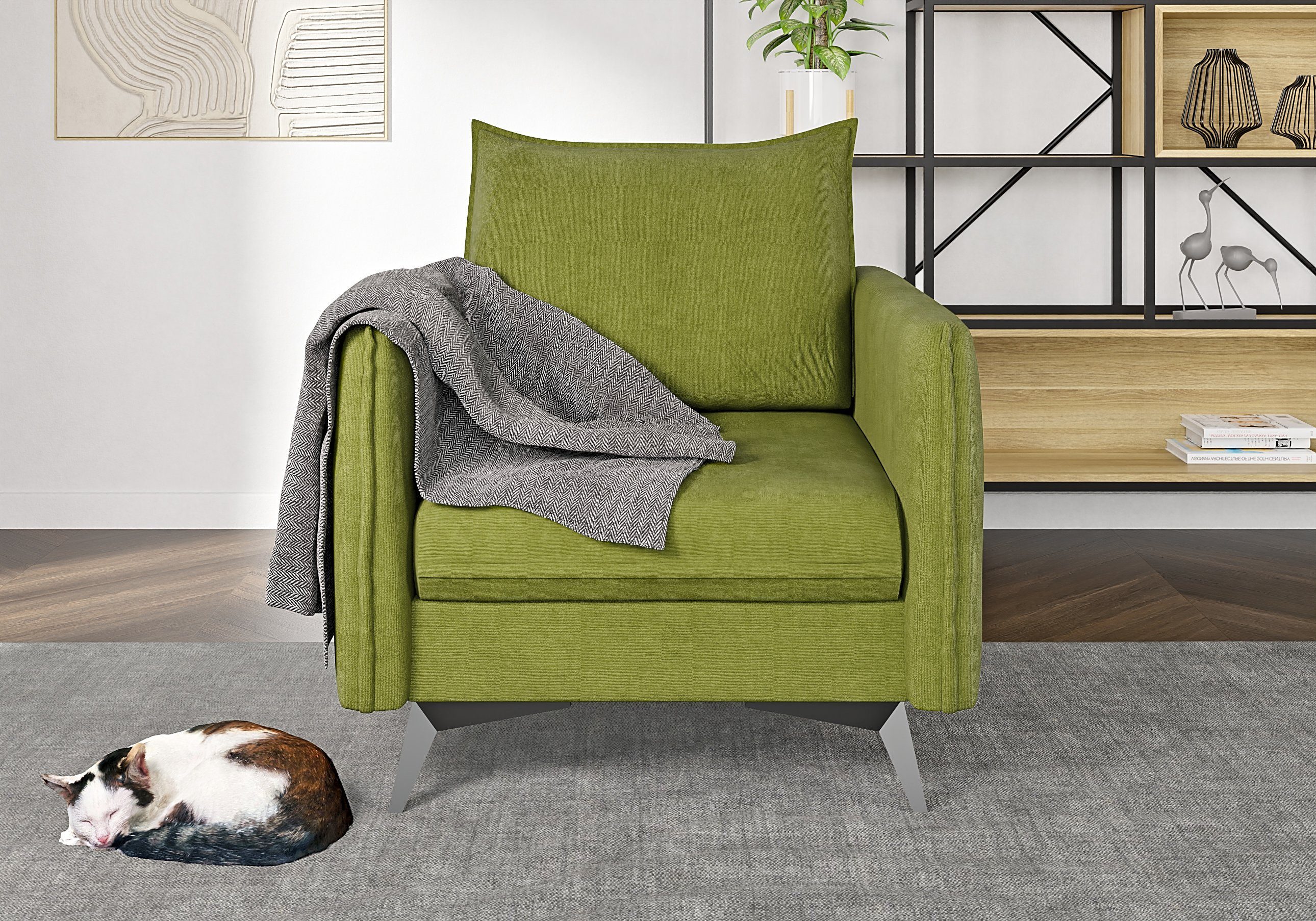Modernes mit Füßen, Möbel 1x Sessel), 3+2+1 mit 3-Sitzer-Sofa, (1x Schwarz Wellenfederung Metall Grün 2-Sitzer-Sofa, S-Style Polstergarnitur Azalea 1x