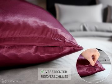 Bettwäsche Satin glänzend 135x200, 155x200, 155x220, 200x200cm mit Reißverschluss, Cozyor, Satin, bordeaux Berry, 2 teilig, glänzend Satin, Bettbezug + Kissenbezug 80x80, besonders weich