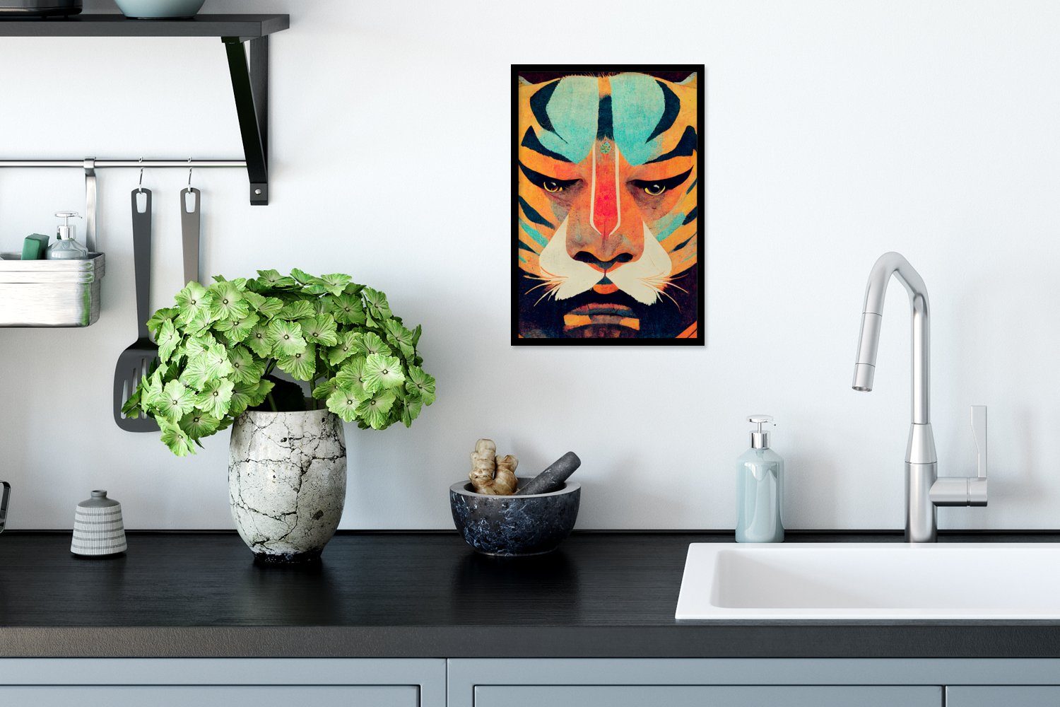 - Wandposter, (1 St), Schwarzem MuchoWow Tiere Bilder, Kunst, Tiger Porträt Gerahmtes Abstrakt Wanddeko, - - Poster, Bilderrahmen - Poster