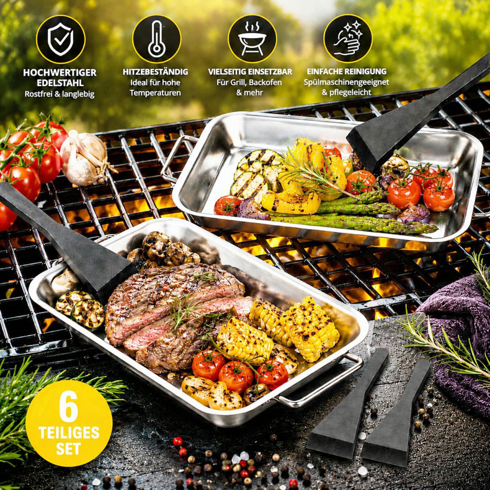 Haushalt International Grillschale Grilbehälter Grillpfanne Edelstahl 2tlg + 4 Schaber, Edelstahl, (Set, 6-St., Packung), 6tlg, Kunststoffschaber, 21x13x2cm, Grillzubehör
