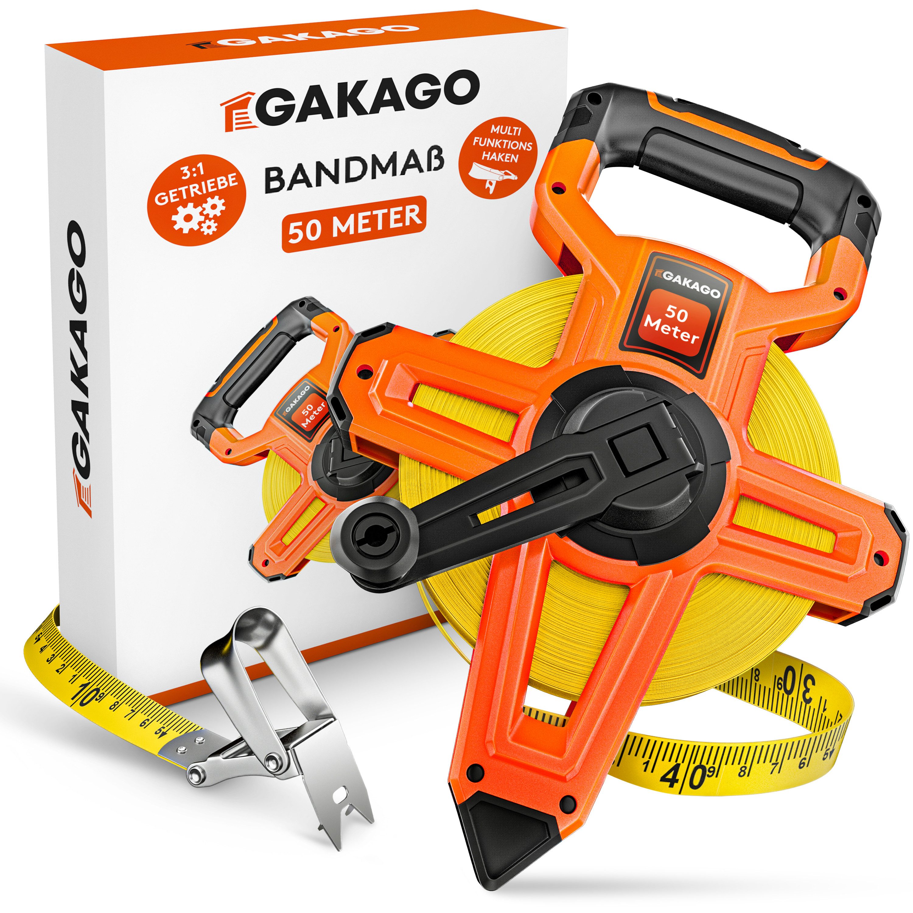 Gakago Rollbandmaß, 50m - 3-fach übersetztes Bandmaß mit ergonomischem Haltegriff