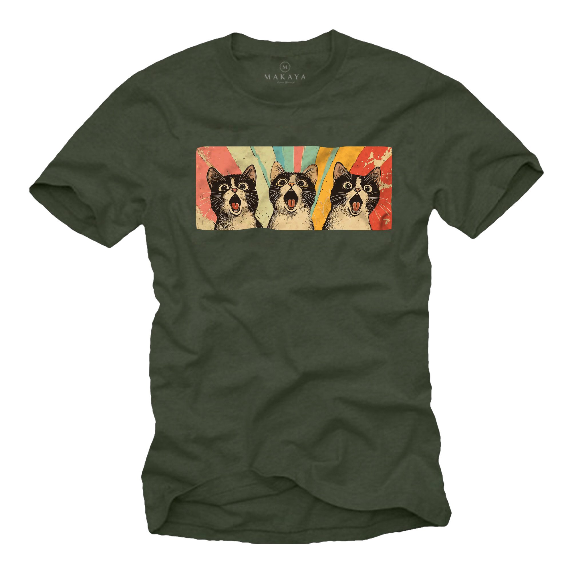 MAKAYA T-Shirt Printshirt für Männer mit lustiger Katze – Retro Vintage Design (Schwarz, Blau, Grün, Dunkelgrau, S, M, L, XL, XXL, 3XL, 4XL, 5XL) Baumwolle