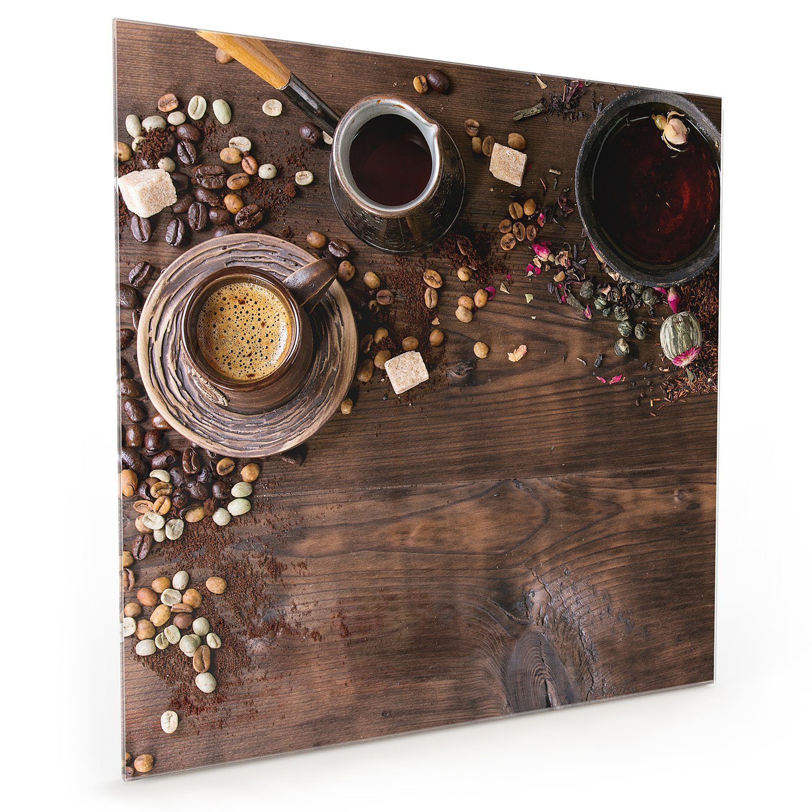 Primedeco Küchenrückwand Küchenrückwand Spritzschutz Glas mit Motiv Kaffee und Tee auf Tisch