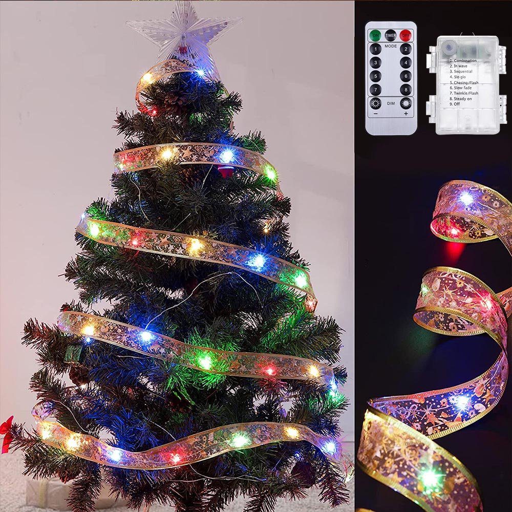 Rosnek LED-Lichterkette wasserdicht, (Mehrfarbig) 5/10M, Weihnachtsfeier, Gold Weihnachtsbaum Modi, für Timer, 8 Batterie; Deko Lichterband, Fernbedienung