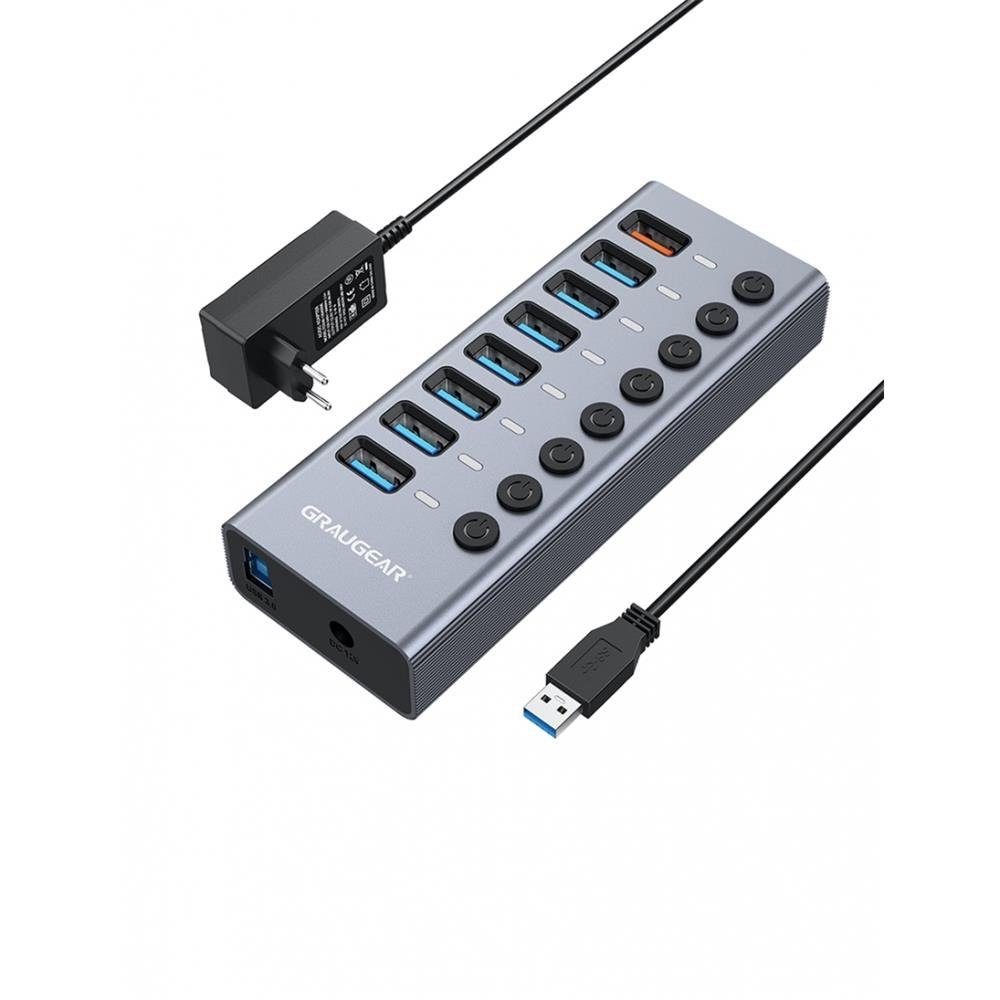 GRAUGEAR G-HUB71-A USB-Adapter, USB HUB 7x USB-A 3.0 Ports Schnelllader Netzteil Aluminium grau