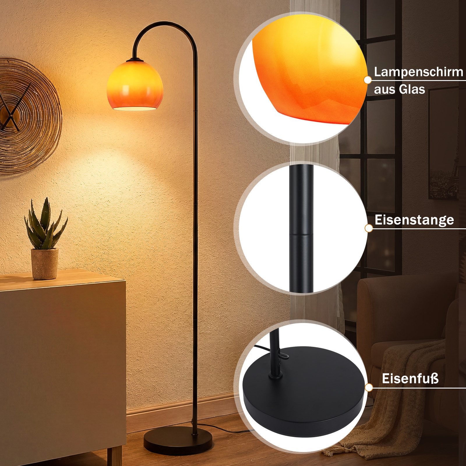 Nettlife Stehlampe bogen wohnzimmer Angelstil Höhe verstellbar drehbarer Fußschalter E27, ohne Leuchtmittel, für Wohnzimmer Schlafzimmer Arbeitszimmer Eisen Glas 220-240V max. 40W