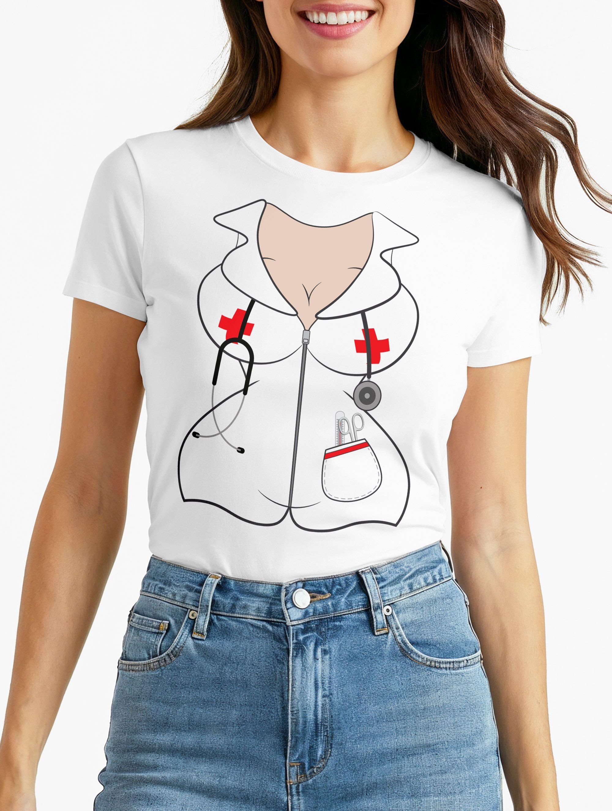Print-Shirt Damen T-Shirt Krankenschwester Kostüm Verkleidung Fasching Karneval