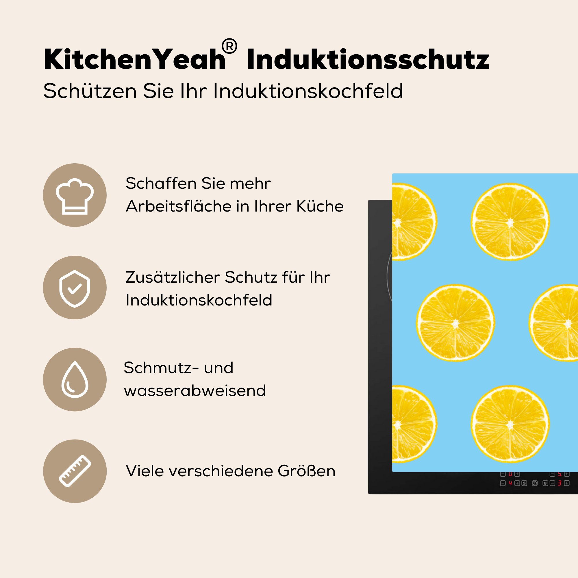 MuchoWow Herdblende-/Abdeckplatte - tlg), küche, Induktionskochfeld Ceranfeldabdeckung Schutz 81x52 cm, die für - Vinyl, (1 Zitrone Muster, Farben
