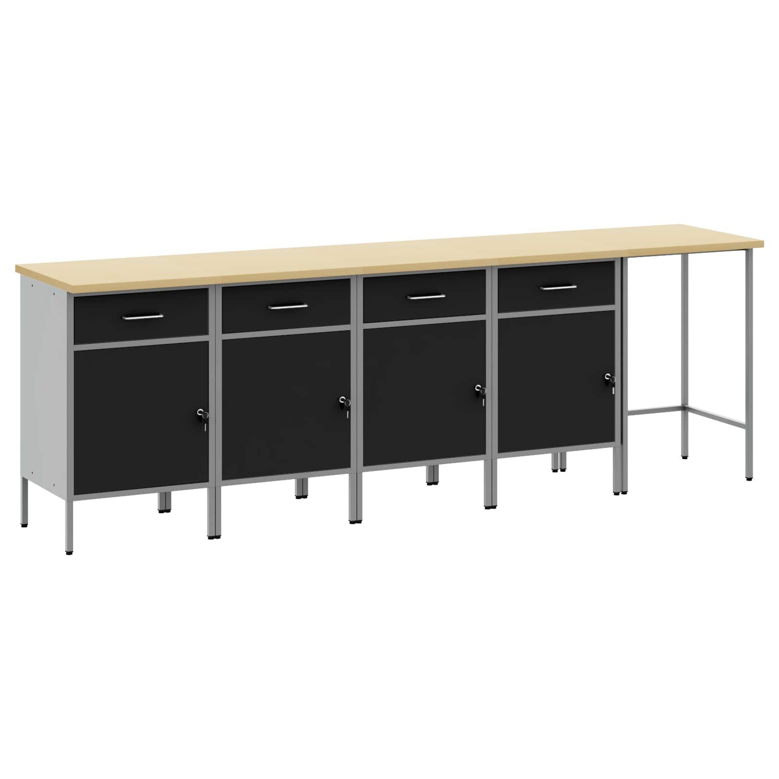 furnicato Werkzeugschrank Werkbank 255 x 55 x 85 cm Schwarz Grau (1-St) Sicherer Werkstattschrank mit 4 Schubladen und verstellbaren Füßen