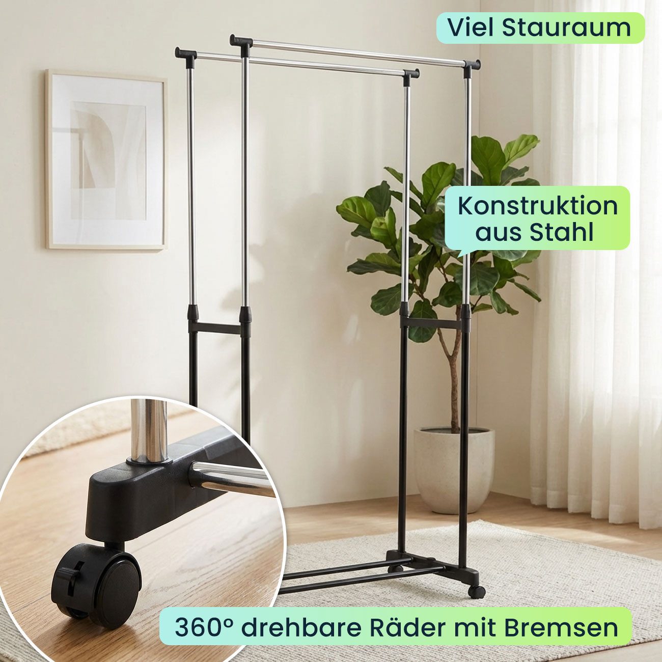 shop'n smile ideoon Kleiderständer Mobiler Kleiderständer Doppelstange B 80 cm Höhenverstellbar 90-160cm, Fahrbare Doppel-Kleiderstange, mit Schuhablage, 80 x 9 – Bild 4 von 5