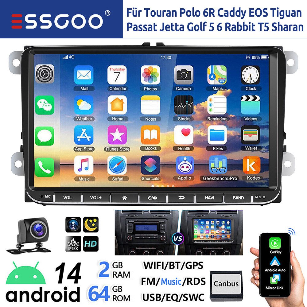 ESSGOO 9" Android 14 Carplay Für VW GOLF 5 6 Passat Caddy Touran EOS Polo 6R Autoradio (DAB+ (optional), FM, RDS, Android Auto GPS Navi WIFI FM Bluetooth RDS Touchscreen USB EQ)