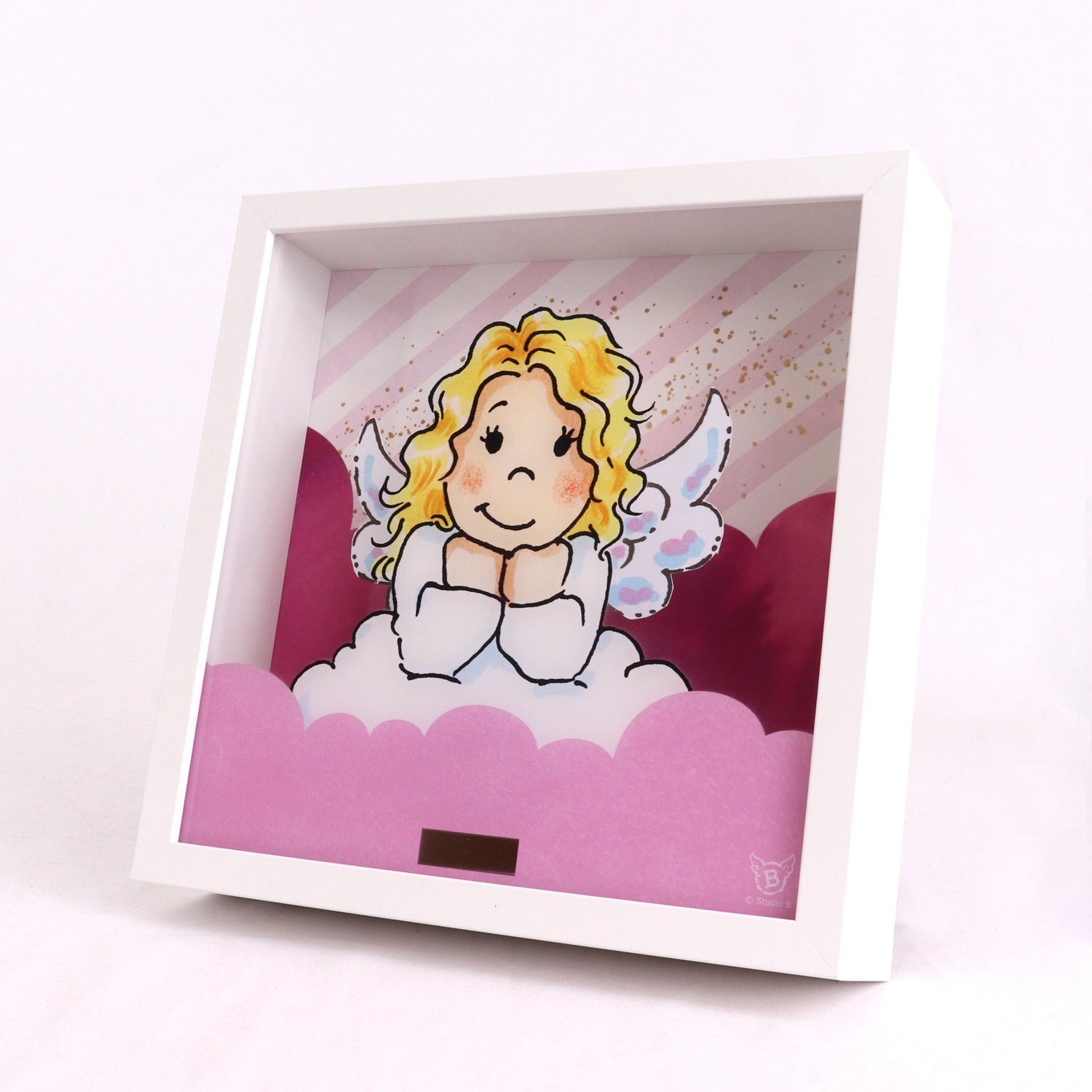 queence Bild mit Rahmen 3D Bild mit Wackelflügeln - Solarbetrieben-Engel-Flügel bewegen sich, Schutzengel (1 St), 27x27x5 cm - Geschenk - Taufe - Geburt - Flügel bewegen sich