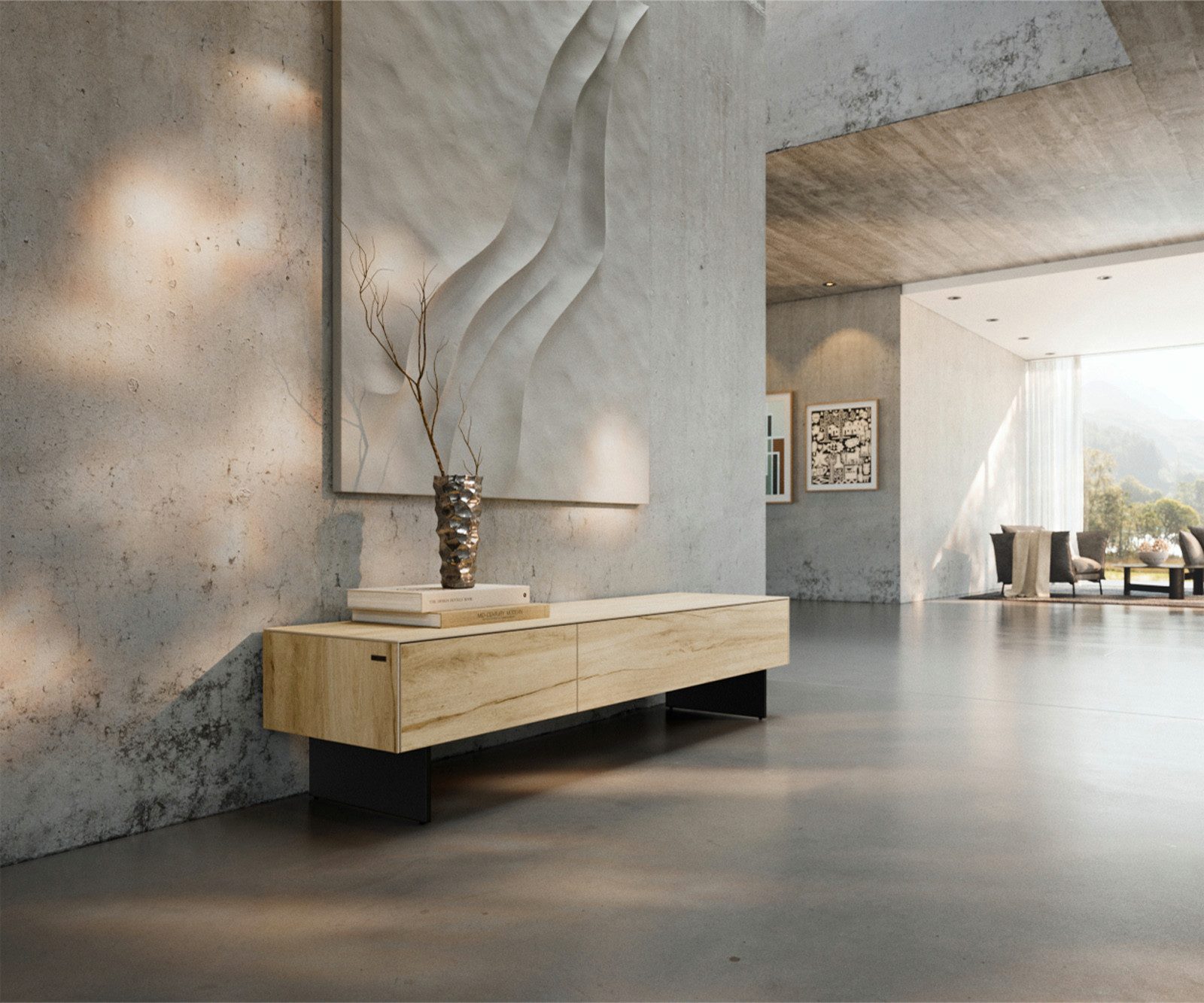 DELIFE Lowboard Cuor, Keramik Laminam® Sabbia Eichefarbig 150 cm 1 Klappe 1 Schubfach Fuß Sc
