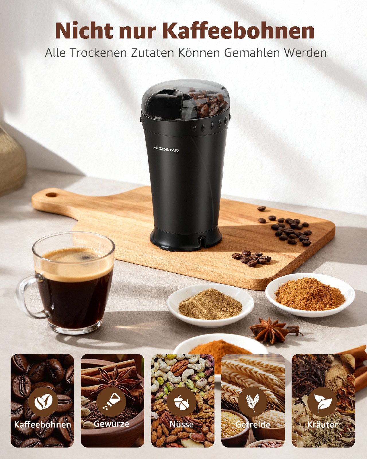 Aigostar Kaffeemühle Elektrisch Gewürzmühle Kaffee Mühle, Elektrische Propellermühlen, 200 W, Edelstahl Schlagmesser, 60,00 g Bohnenbehälter, Versions-Upgrades, 150 W & 200 W nach dem Zufallsprinzip ausgeliefert