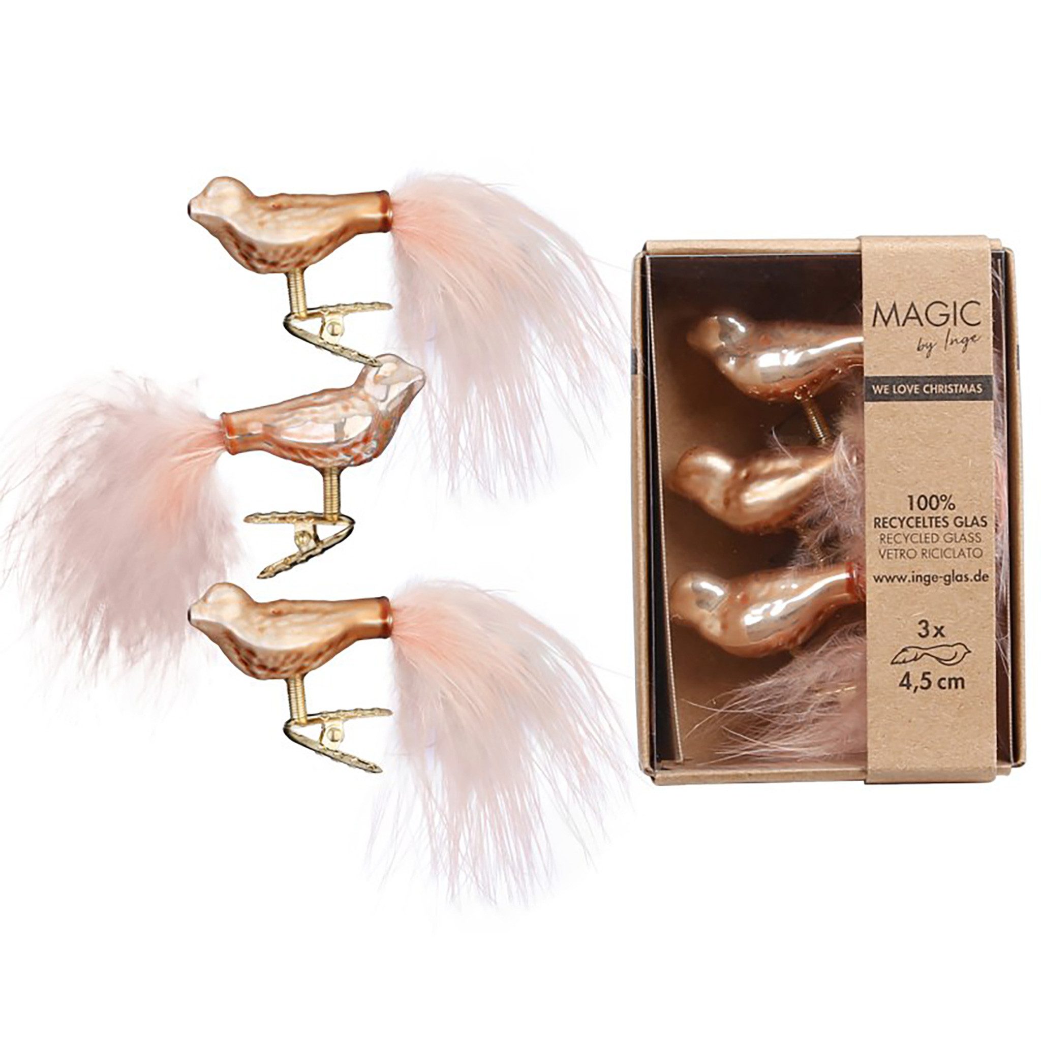 MAGIC by Inge Christbaumschmuck, Christbaumschmuck Vögel auf Clip 4,5cm Glas 3er Set - Golden Sesame