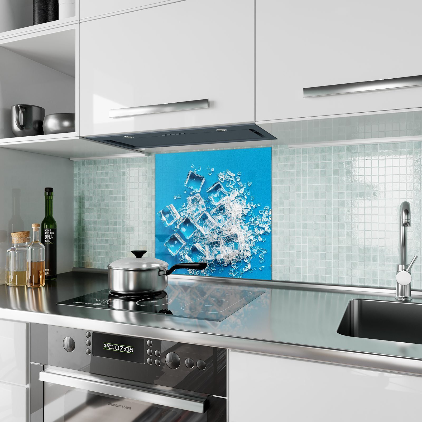 Primedeco Glas mit Spritzschutz Küchenrückwand Motiv Eiswürfel Küchenrückwand gebrochen
