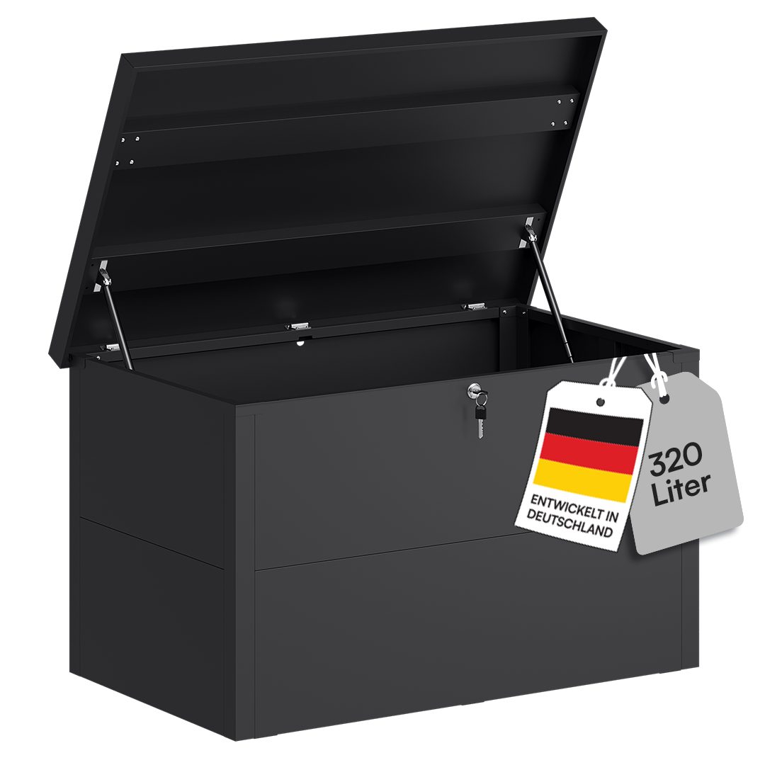 STEELSØN Auflagenbox Icarus aus Metall, abschließbar, Outdoor Kissenbox (Dunkelgrau, 320L), Gartenbox wetterfest, 105x65x63 cm, auch für 520L verfügbar